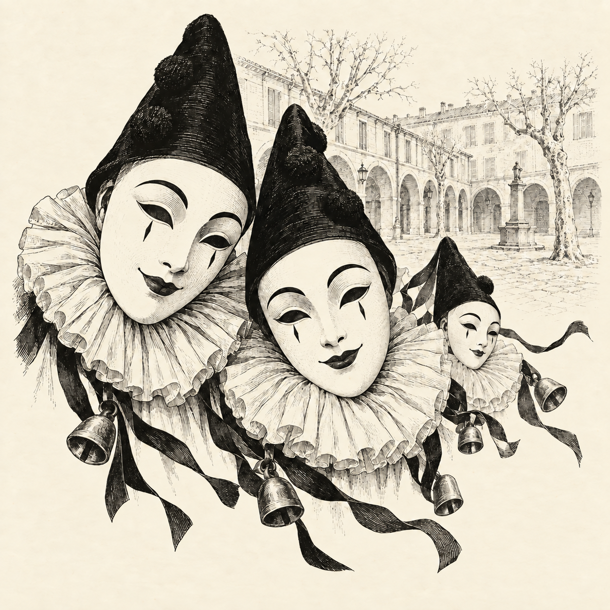 Illustration of three masked figures in Pierrot costumes