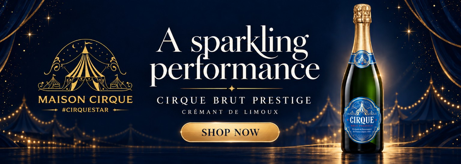 Maison Cirque advert for Cirque Brut Prestige Crémant de Limoux, with a bottle, #CIRQUESTAR, A sparkling performance and SHOP NOW lettering