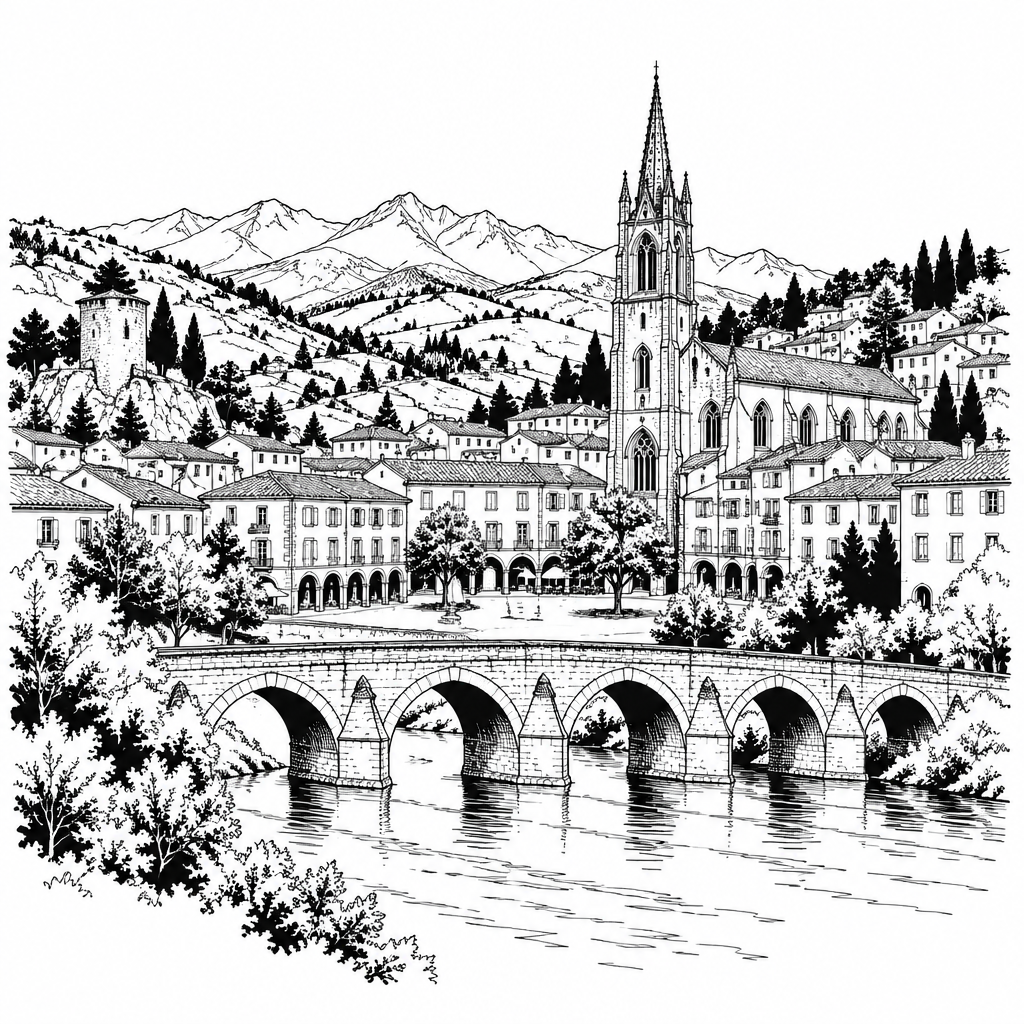 Editorial drawing of a bridge, river and town among vineyards