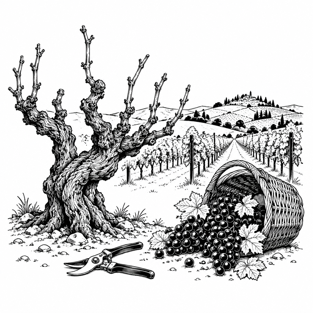 Drawing of an old vine and a basket of grapes